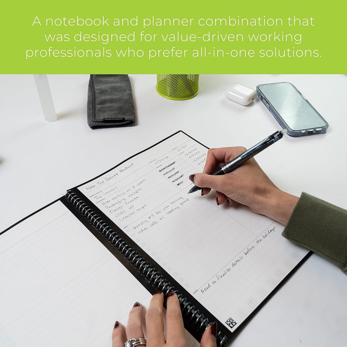 Rocketbook Smart Reusable Notebook, Fusion Plus Executive Size Spiral Notebook & Planner, Infinity Black, (6" x 8.8")