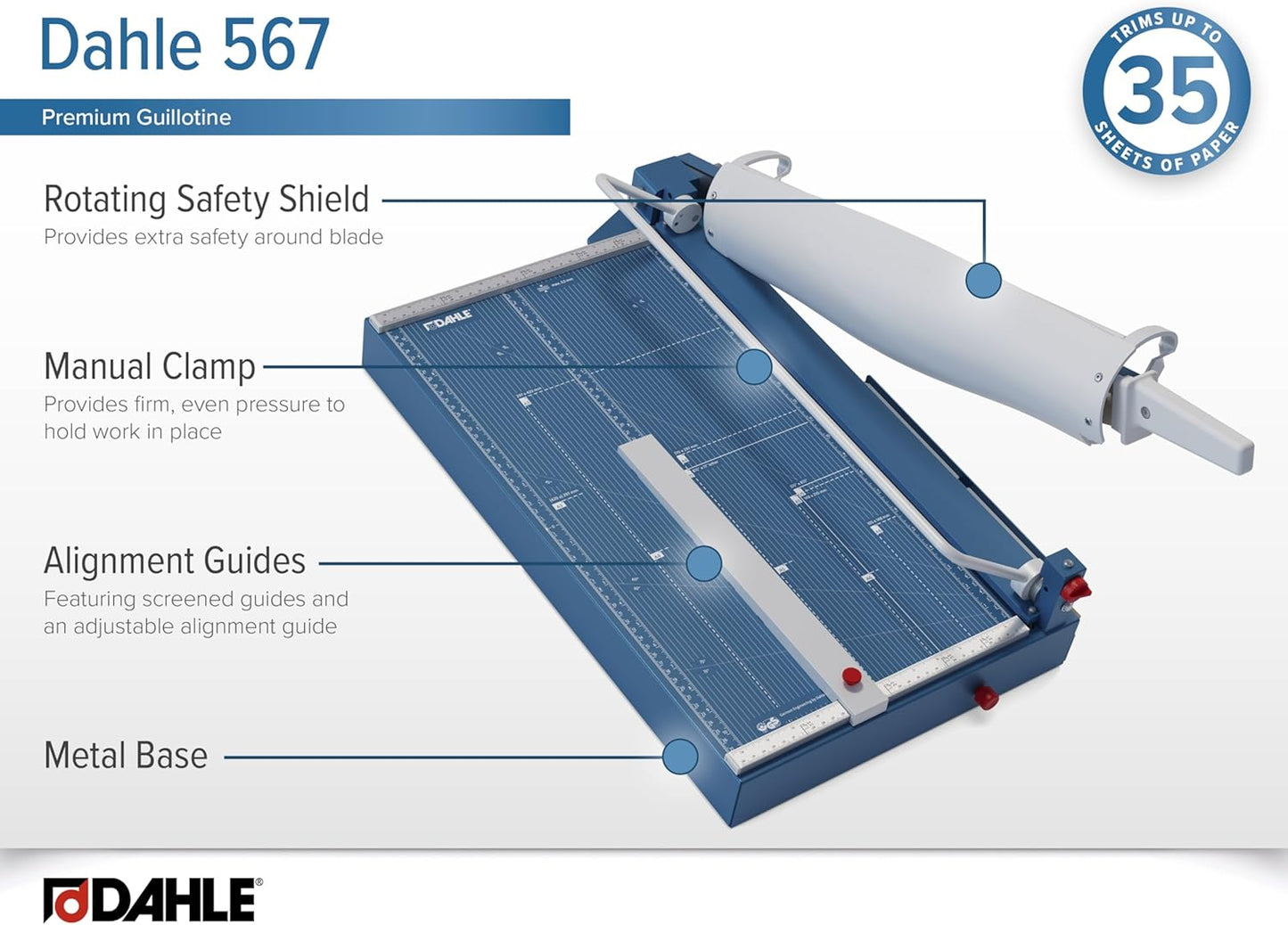 Dahle 567 Premium Guillotine Trimmer, 21" Cut Length, 35 Sheet Capacity, Self-Sharpening Blade, Manual Clamp, w/Safety Guard