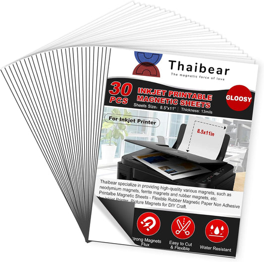 Thaibear Printable Magnetic Sheets, 8.5" x 11", 30 Pack Glossy Magnet Printer Paper for Inkjet, Flexible Magnetic Printer Paper for Fridge, Crafts - Peel and Stick Magnetic Tape