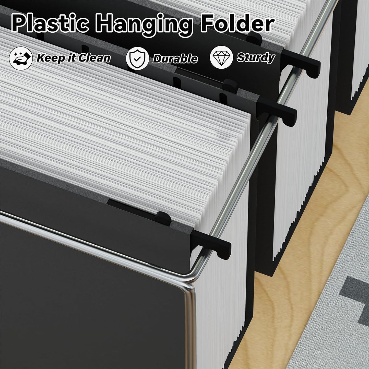 ANSOOK Plastic Legal Size Hanging File Folders, 3 Inch Reinforce Expanding File Folder,12 Pack Black Folders,File Cabinet Folders with Insertable Tabs,Accordion File Organizer for Office Home School