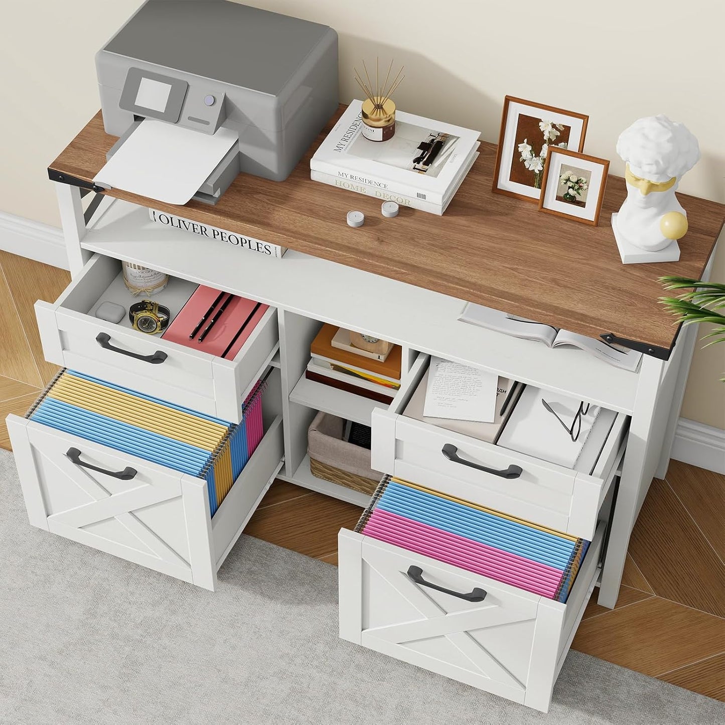 Farmhouse Filing Cabinet with Adjustable Shelf for Home Office, Lateral File Cabinets 4 Drawers with Open Storage Shelf, Filing Organization Storage Cabinets for Hanging Files Letter/A4.