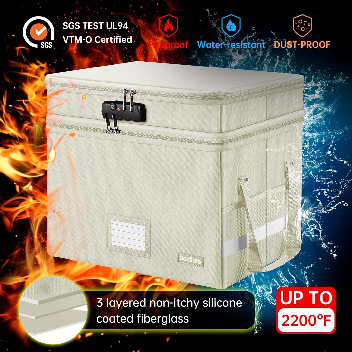 DocSafe File Box with Lock,Multi-Layer Fireproof Document Box Collapsible File Storage Organizer with Pockets/Handle,Large Portable Home Office Filing Box for Hanging Letter/Legal Size Folders,Beige