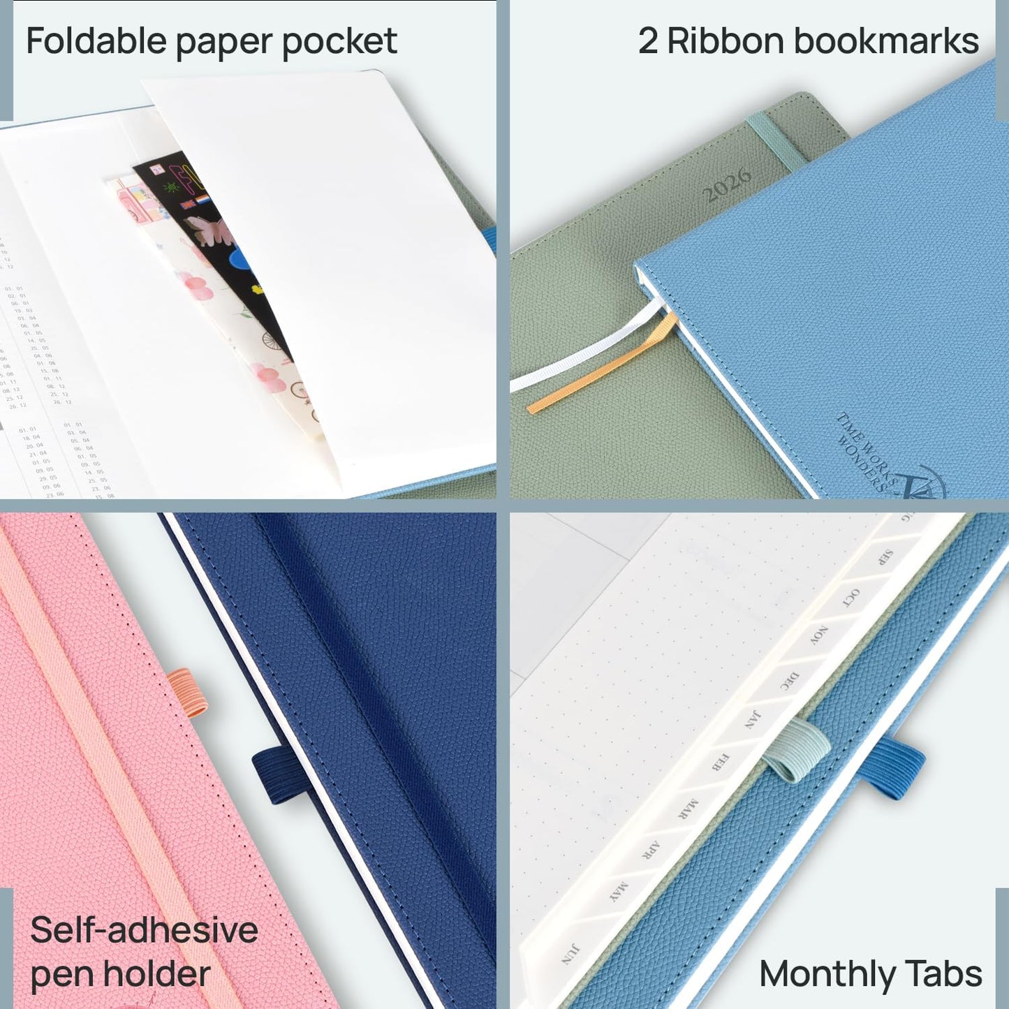 POPRUN Weekly Planner 2026 Calendar (Large 8.5" x 10.5") 12 Months Notebook with Horizontal Layout, Leather Hardcover, Inner Pocket, 100GSM Thick Paper, Pen Holder - Soft Pink