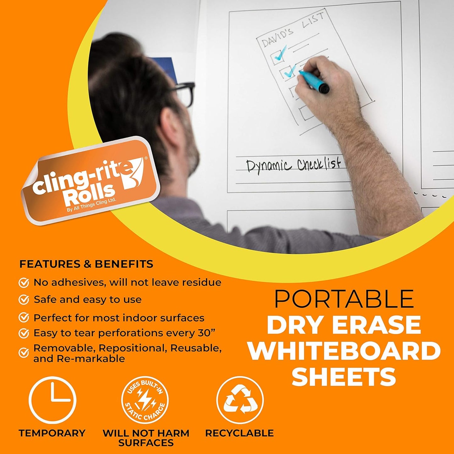 Clingers Instant Whiteboards - Repositional Dry Erase Sheets, 40 Whiteboards per Roll, 20x30 Inch, Removable & Recyclable Cling-rite Rolls for School, Office Decor, and Art Projects - American Made