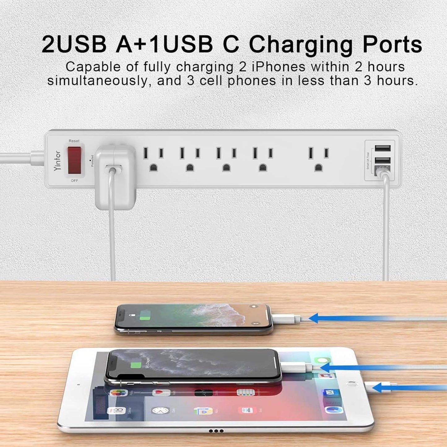 20Ft Power Strip Surge Protector - Yintar Extension Cord with 6 AC Outlets and 3 USB Ports for Home, Office, Dorm Essentials, 1680 Joules, ETL Listed, White