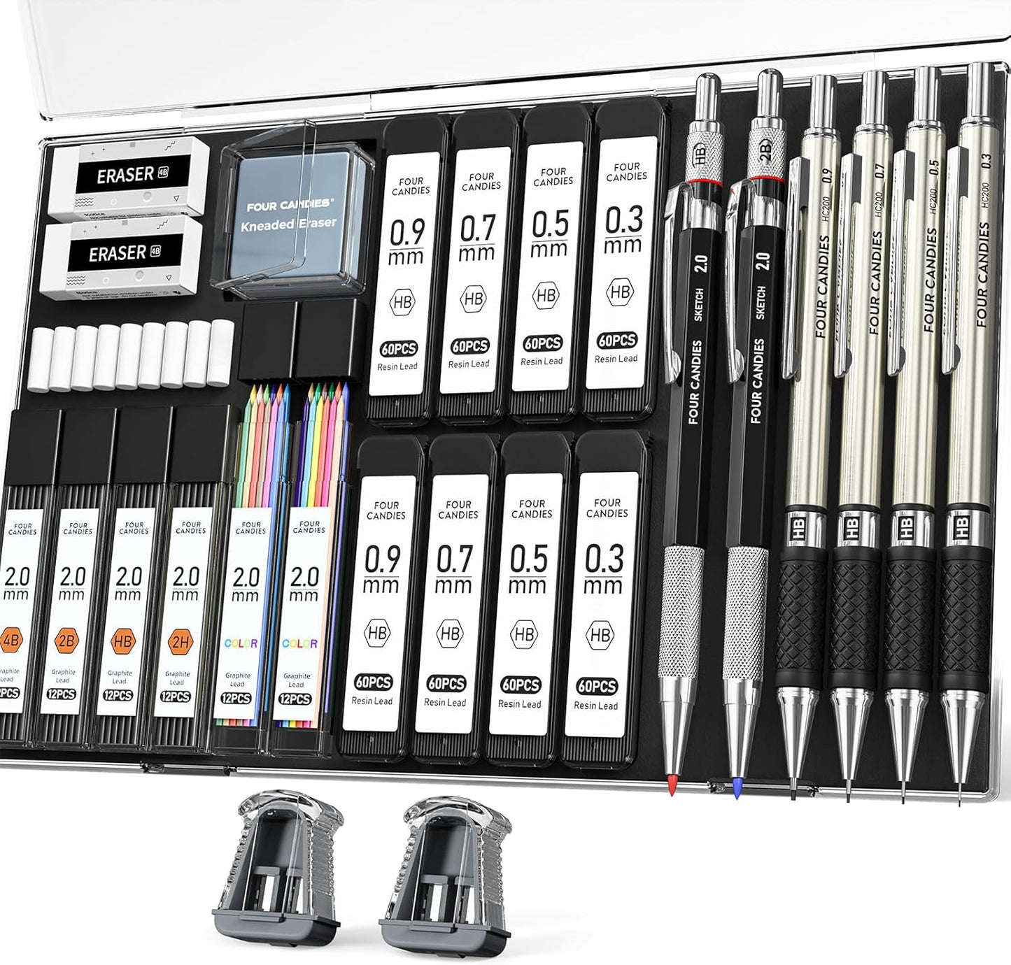 Four Candies 27PCS Art Mechanical Pencil Set with Case, 4PCS Metal Drawing Pencil 0.3, 0.5, 0.7, 0.9 mm & 2PCS 2mm Lead Holder (HB 2H 2B 4B Color) with 552 Graphite Lead Refills for Drawing Sketching