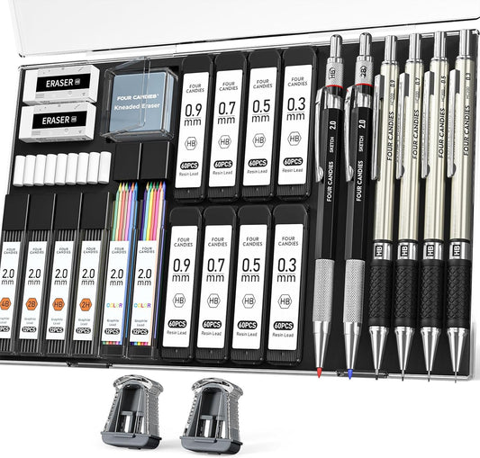 Four Candies 27PCS Art Mechanical Pencil Set with Case, 4PCS Metal Drawing Pencil 0.3, 0.5, 0.7, 0.9 mm & 2PCS 2mm Lead Holder (HB 2H 2B 4B Color) with 552 Graphite Lead Refills for Drawing Sketching
