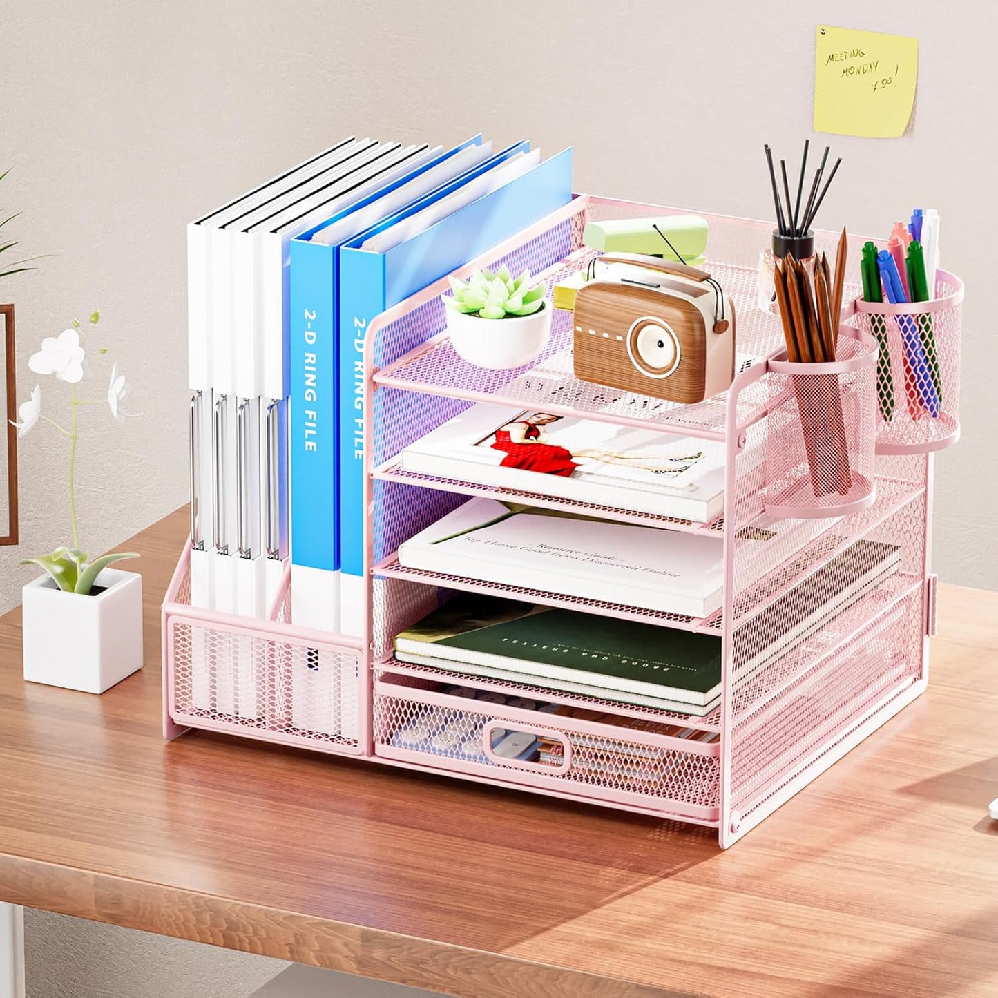 Marbrasse Desk Organizer with File Holder, 5-Tier Paper Letter Tray Organizer with Drawer and 2 Pen Holder, Mesh Desktop Organizer and Storage with Magazine Holder for Office Supplies(Pink)