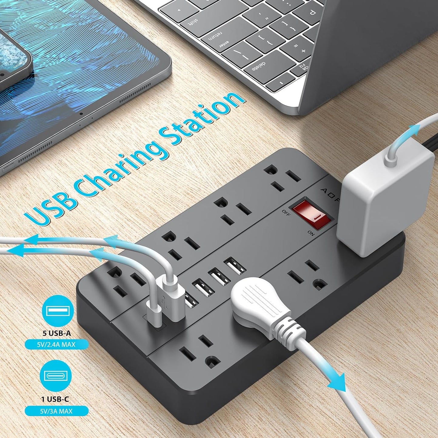 10ft Extension Cord Long Power Strip,AOFO 8 Widely-Spaced Outlets & 6 USB（1 USB C） Ports Flat Plug Power Strip,Power Cord for Wall Mountable and Desktop Black