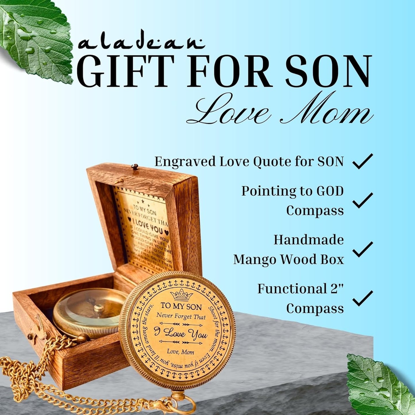 Gift for Son from Mom Dad | Engraved Compass 2" - Father to Son Gifts, Mom to Son Gifts for Graduation 2025, Birthday Baptism Confirmation Communion
