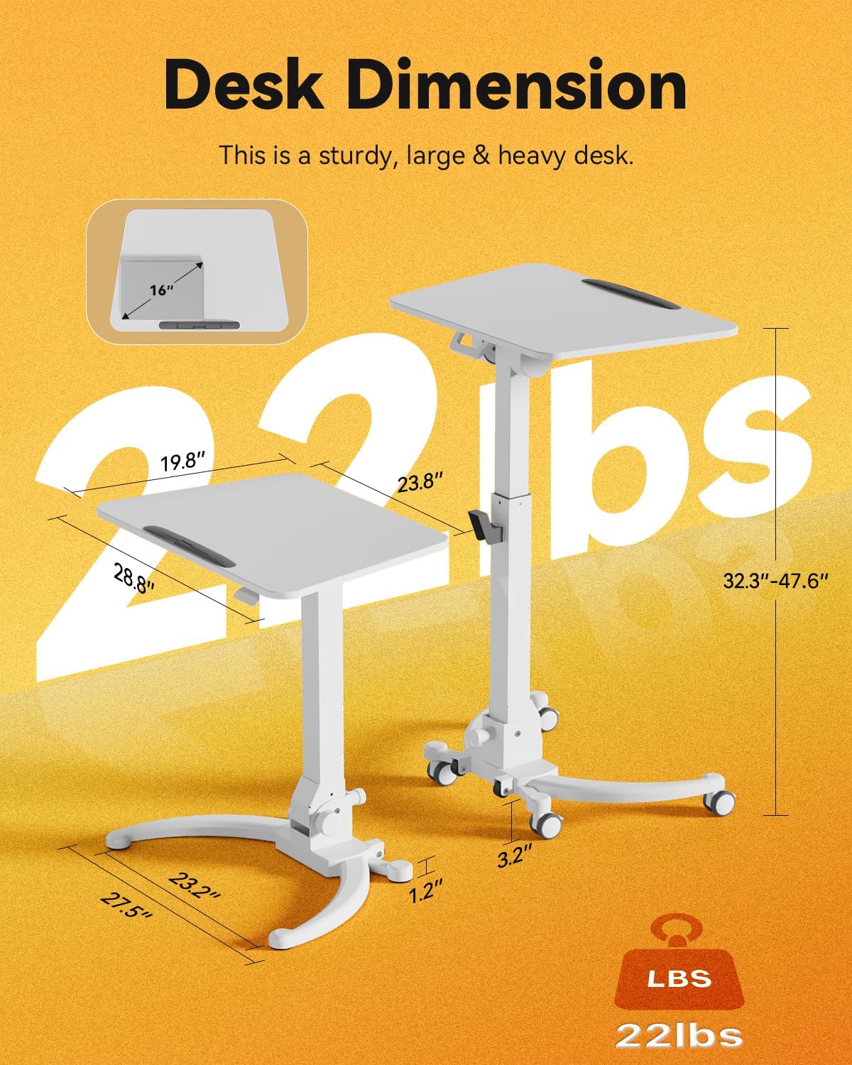JOY worker Foldable Mobile Standing Desk, Upgraded Height Adjustable Rolling Desk, Max Height 47.6", 90° Tiltable Board & Base, Portable Workstation with Moveable Wheels, Holds Up to 22lbs, White