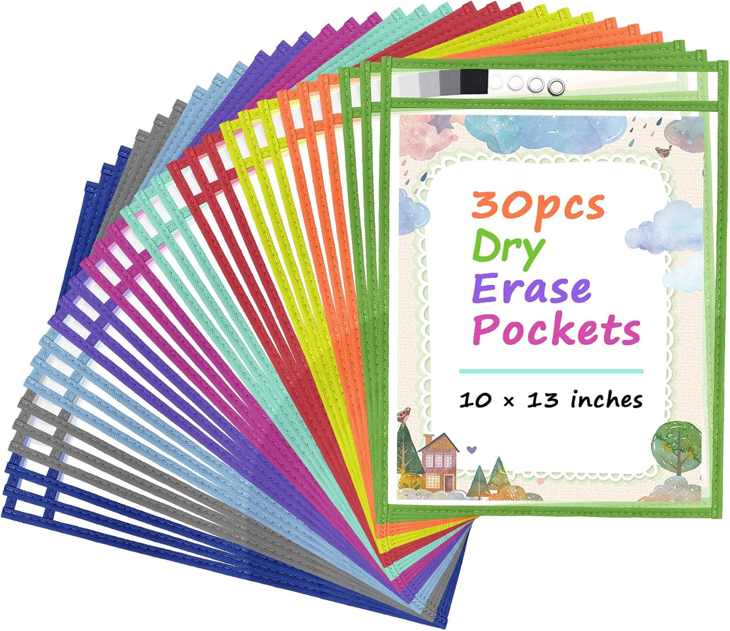 Antner 30 Pack Oversized Dry Erase Pockets Sleeves Reusable Ticket Holders, Clear Plastic Sheet Page Protectors, Heavy Duty Work Pockets School Teacher Classroom Office Organization Supplies, 10 Color