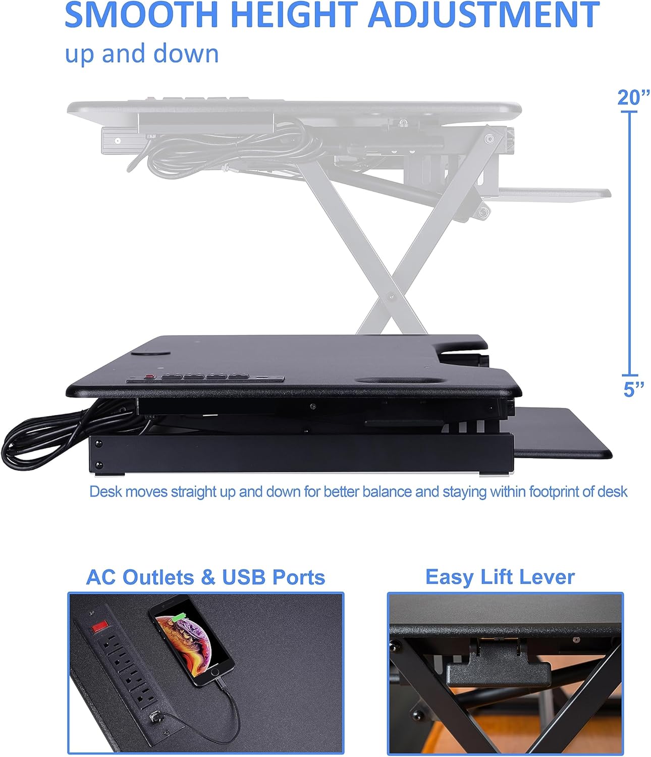 Rocelco 46" Height Adjustable Standing Desk Converter with AC USB Charger and Double Monitor Mount Arm - Sit Stand Up Triple Screen Riser Workstation - Keyboard Tray - Black (R DADRB-46-ACUSB-DM2)