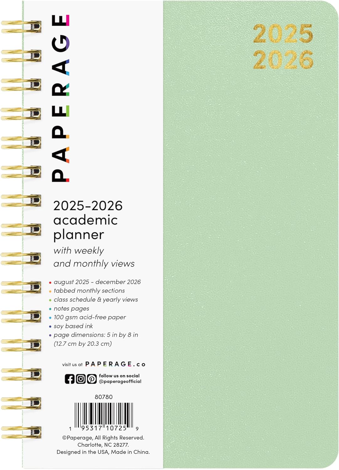 PAPERAGE 17 Month Academic Planner 2025-2026, Weekly & Monthly Spreads, August 2025 - December 2026, Small (5 in x 8 in), Sage