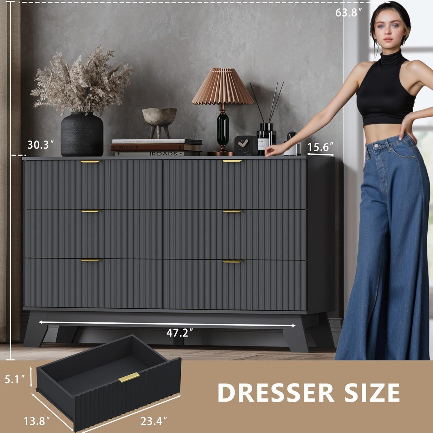 Fluted 6 Drawer Dresser, 47.2" Wide Modern Boho Chest of Drawers, Wooden Storage Dresser TV Stand for Bedroom, Living Room, Closet, Hallway, Curved Profile Design