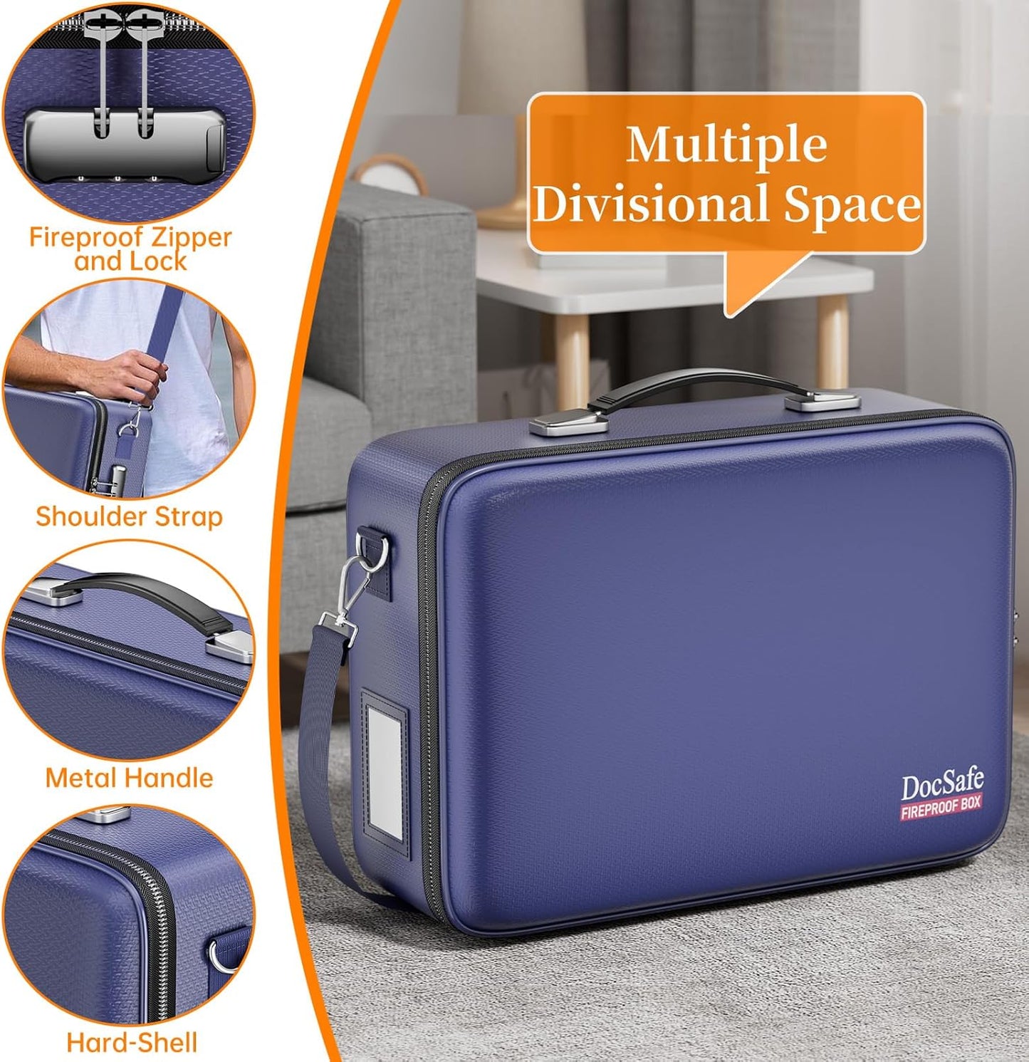 DocSafe Fireproof Document Box with Lock＆Shoulder Strap,Hard Case File Organizer with Accordion File Folder,Multi-Layer Portable Home Office Travel Safe Storage for Important Documents Laptop Blue