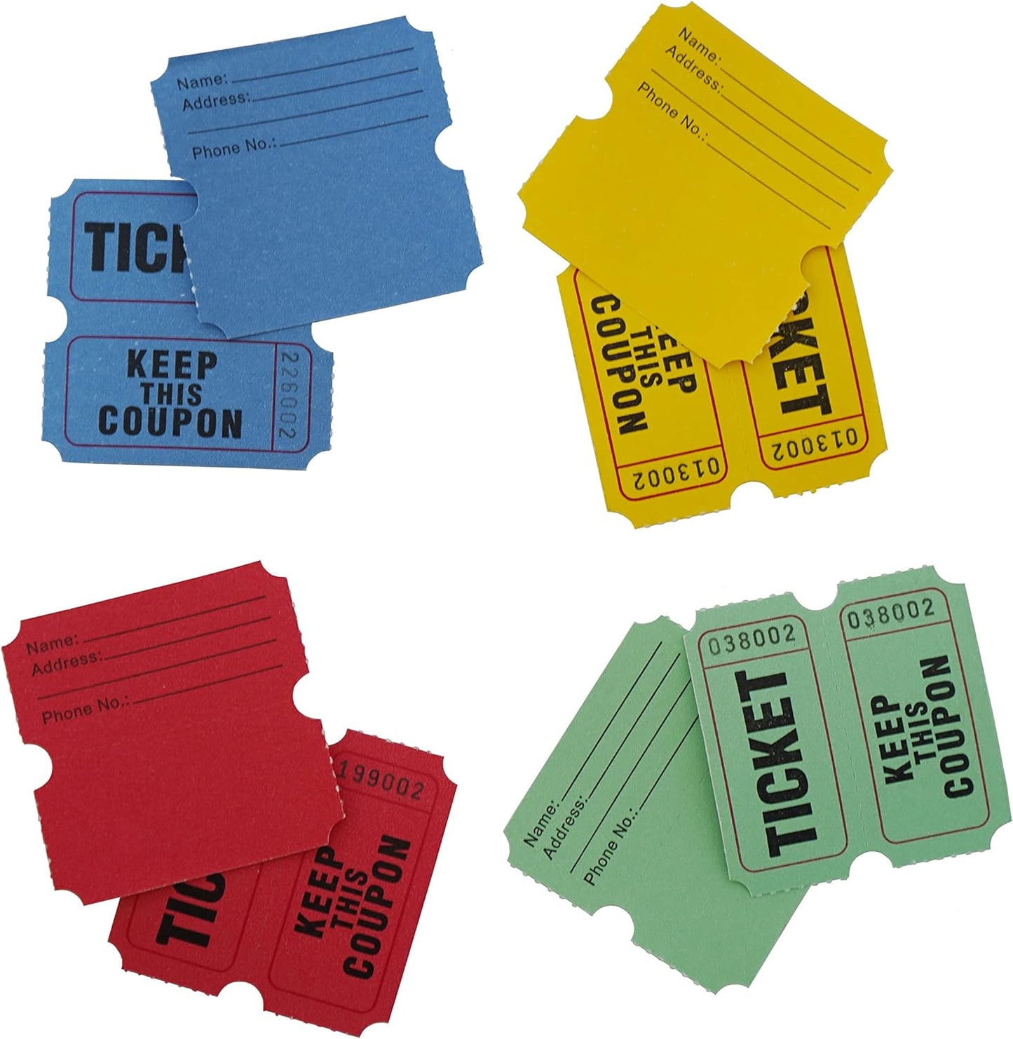 DNB 4000 Pairs Raffle Tickets - 4 Color Set of 1000 2 x 2 Inch 50/50 Double Roll Raffle Tickets - Blue/Yellow/Red/Green