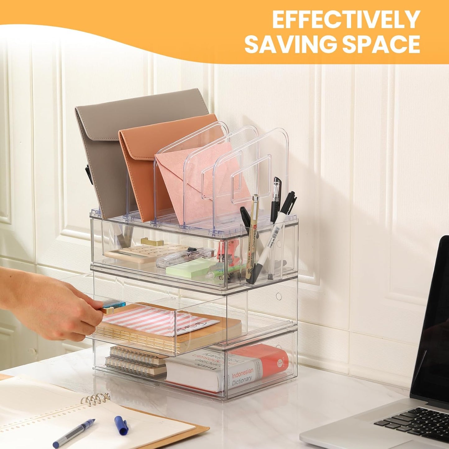 Acrylic Desk Organizer Set, 3 Pack Stackable Desktop Drawer Organizer with 4 Vertical File Holders and 2 Pen Holders, Desk Organizers and Accessories for Home Office Storage