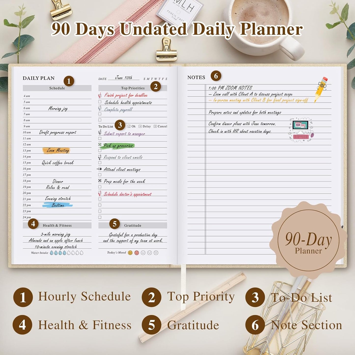 Lanpn Undated Daily Planner Hourly Schedule Notebook, 196 Pages 2 Page per Day To Do List Notebook Notepad Appointment Work Planner, Hardcover Daily Journal Organizer Book For Women 7.7" x 9.3" Grey