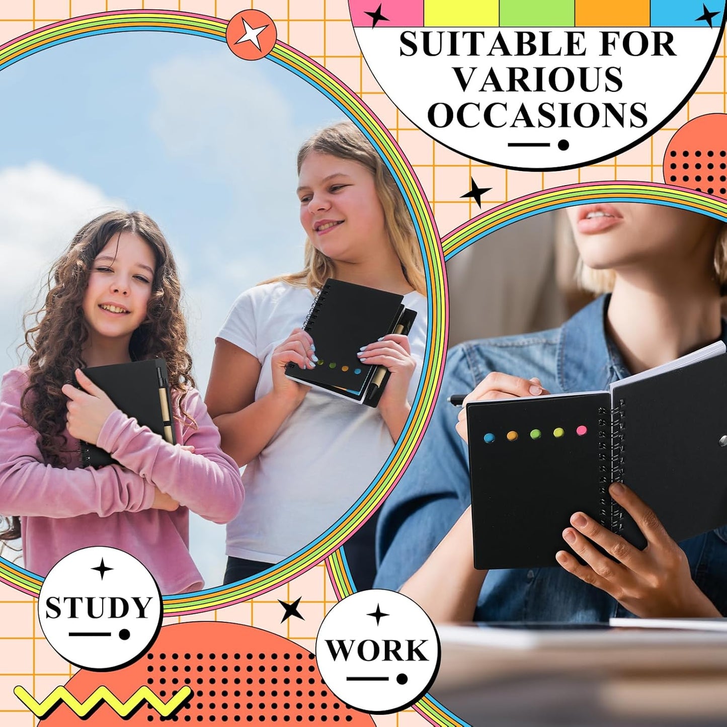 Qilery 50 Pack Lined Spiral Notebook Small Notepad and Pen Set Steno Pads Lined Notepad Black Pocket Notebook for Business Office School Supplies