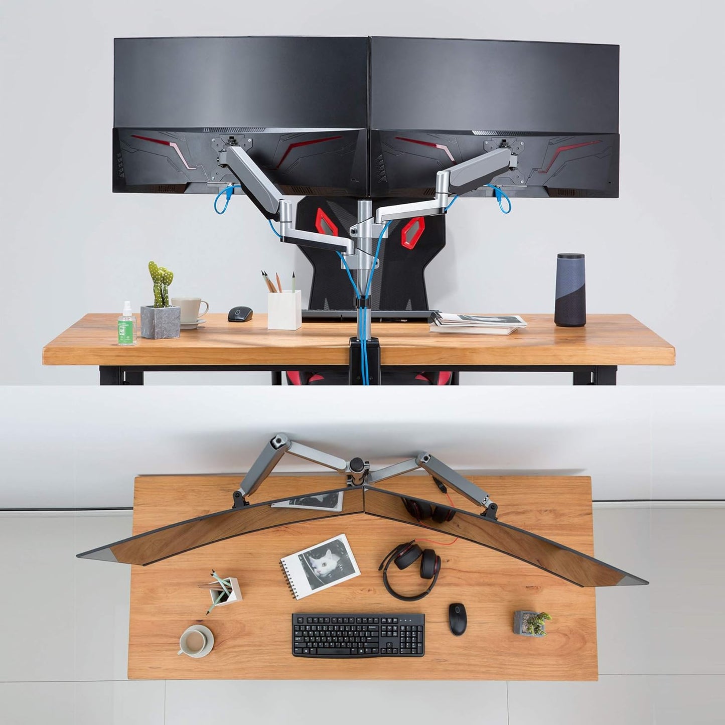 AVLT Dual 13"-27" Stacked Monitor Arm Desk Mount - Fits Two Flat/Curved Monitors, Full Motion Height Swivel Tilt Rotation Adjustable - VESA/C-Clamp/Grommet/Cable Management