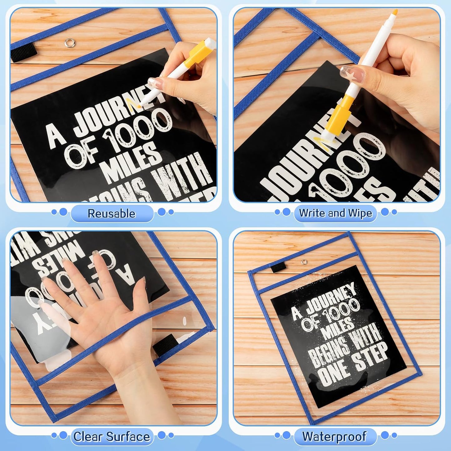 Seajan 120 Pcs Clear Dry Erase Pockets Plastic Sleeves for Paper 14 x 10 Inch Reusable Job Holder Shop Ticket Holders Order Pockets Organizer Teacher Supplies for Classroom (Blue)