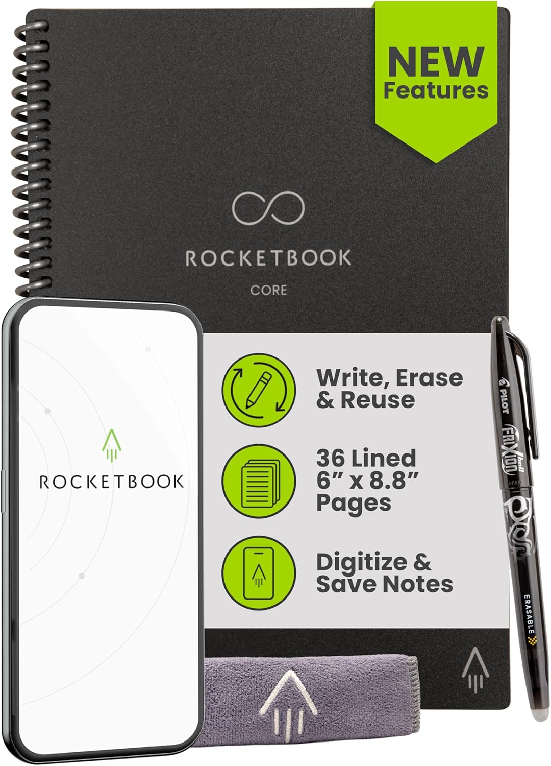 Rocketbook New Core Reusable Spiral Notebook, Executive Size 6x8.8, Black - Lined Pages, App-Connected, Erasable, Durable Cover, Ideal for School, Work, and Creative Projects