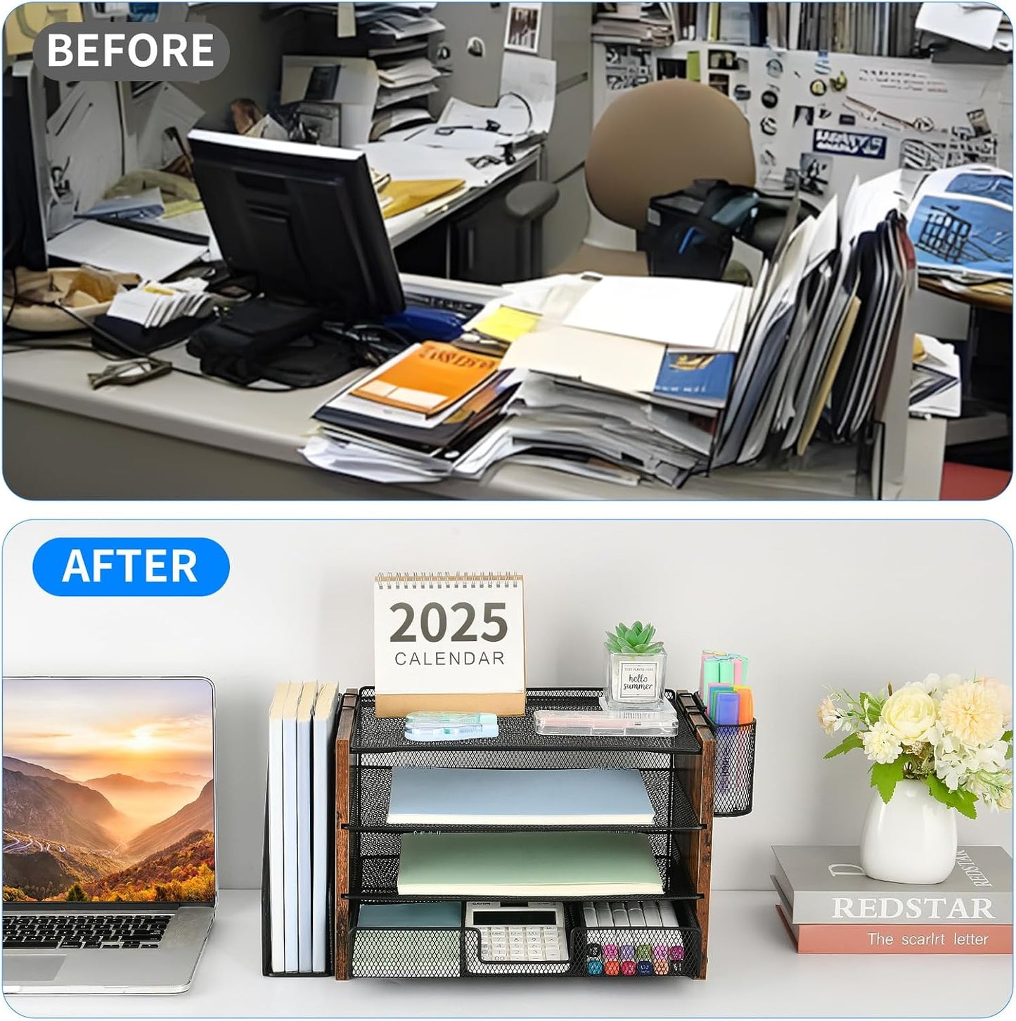 Desk Organizer and Accessories, 4-Tier Desktop File Organizer with Drawer and 2 Pen Holders, Office Desk Accessories for Office Supplies(Wood)