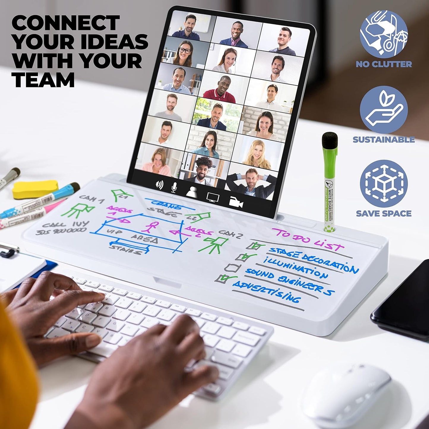 Desktop Whiteboard - Glass Dry Erase White Board - Desk Computer Buddy – Home Office & Studying Essentials - with Phone & Tablet Slot, Storage Compartment - Includes 4 Markers, 1 Eraser (2 Pack)