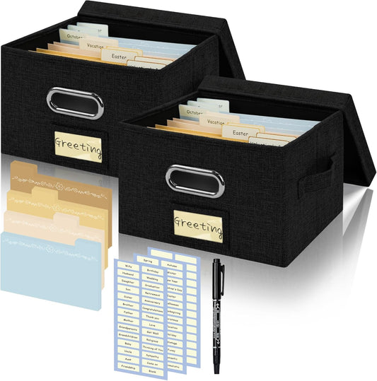 Greeting Card Organizer and Storage Box with 40 Pcs Adjustable Dividers, Storing Cards with 168 Pcs Labels Perfect for Storing Greeting Cards, Envelopes, Photos 2 Pack Black