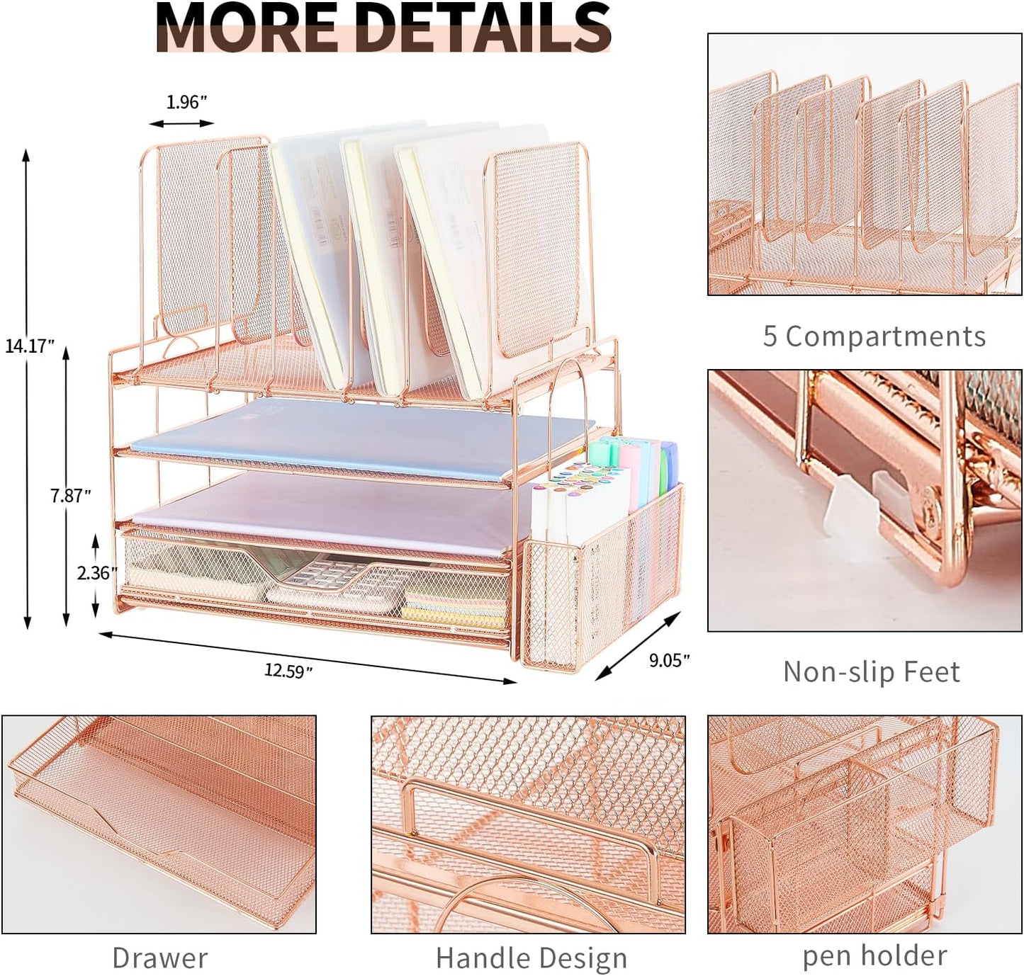 Desk Organizer with 5 Vertical File Holders, 3-Tier Paper Organizer and Drawer, Desk Accessories in Rose Gold