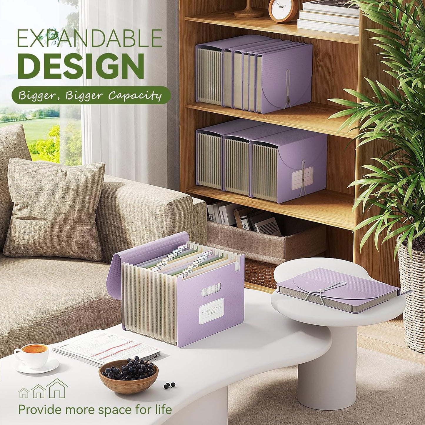 Accordion File Organizer, 13 Pockets Wheat Straw Expanding File Folder, Portable Monthly Paper Bill Tax Receipt Organizer, Letter A4 Size Document Holder with Colorful Tab-Lavender Purple