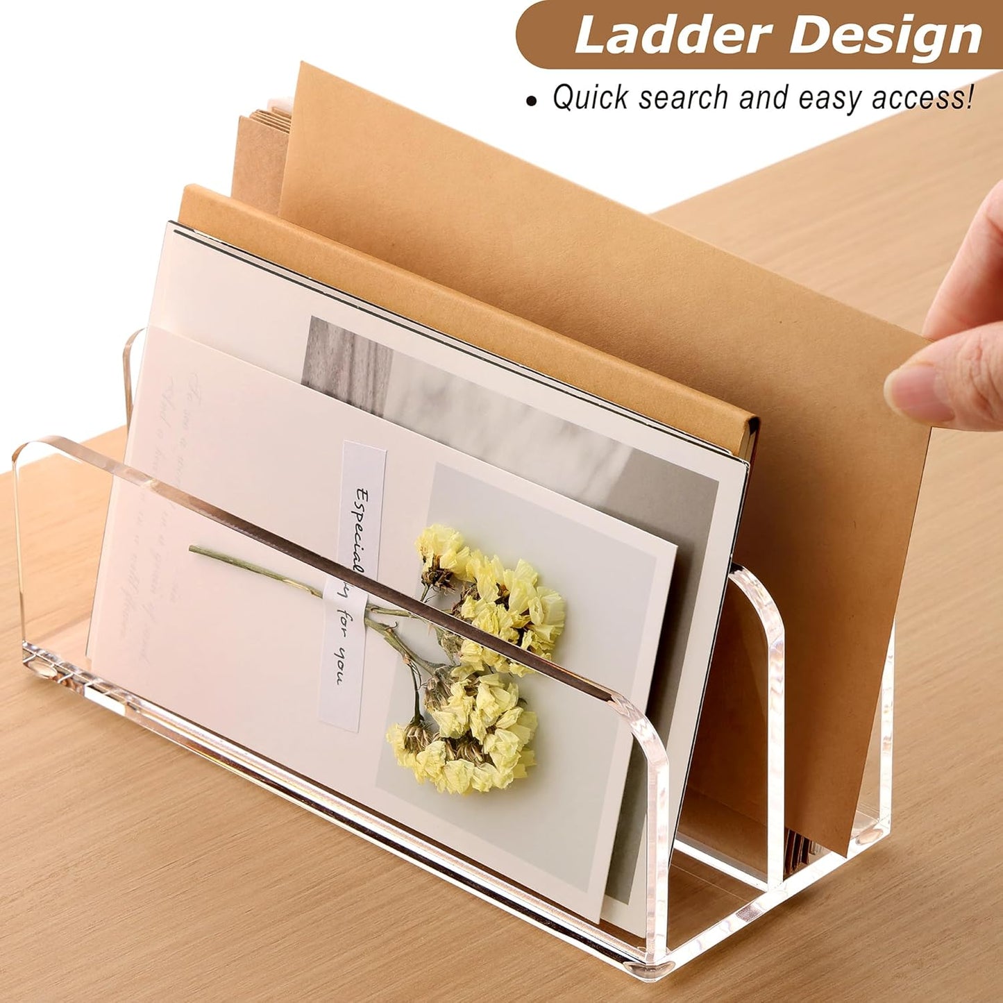 SANRUI Acrylic Mail Sorter Desktop Organizer Holder, 2 Compartments Clear Small File Script Letter Office Document Storage for Desk Bill Filling Envelope Holder Office, Home, School Desk Organization