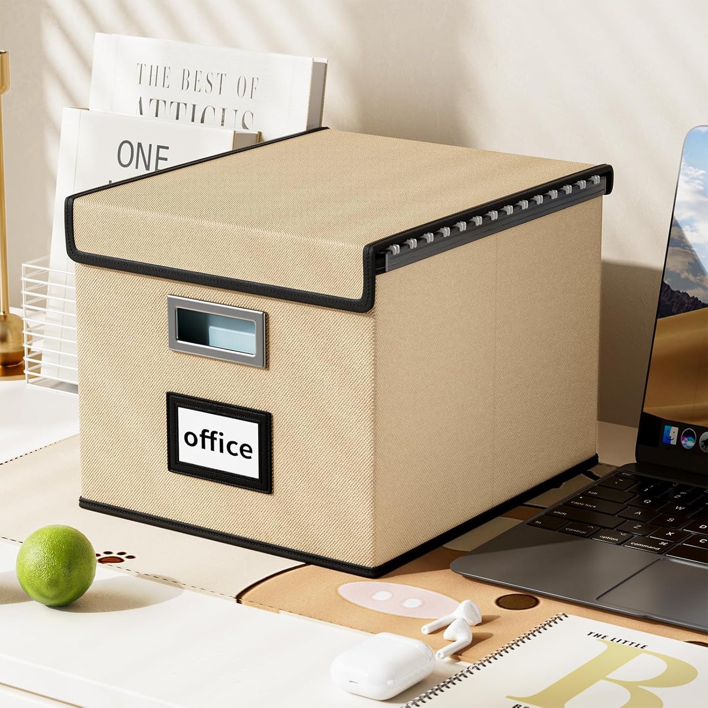 Huolewa File Organizer Box with Lid, Collapsible File Folder Organizer for Office Document Storage, Filing Box with Plastic Slide for Letter/Legal Size Hanging Files, Brown, 2 Pack