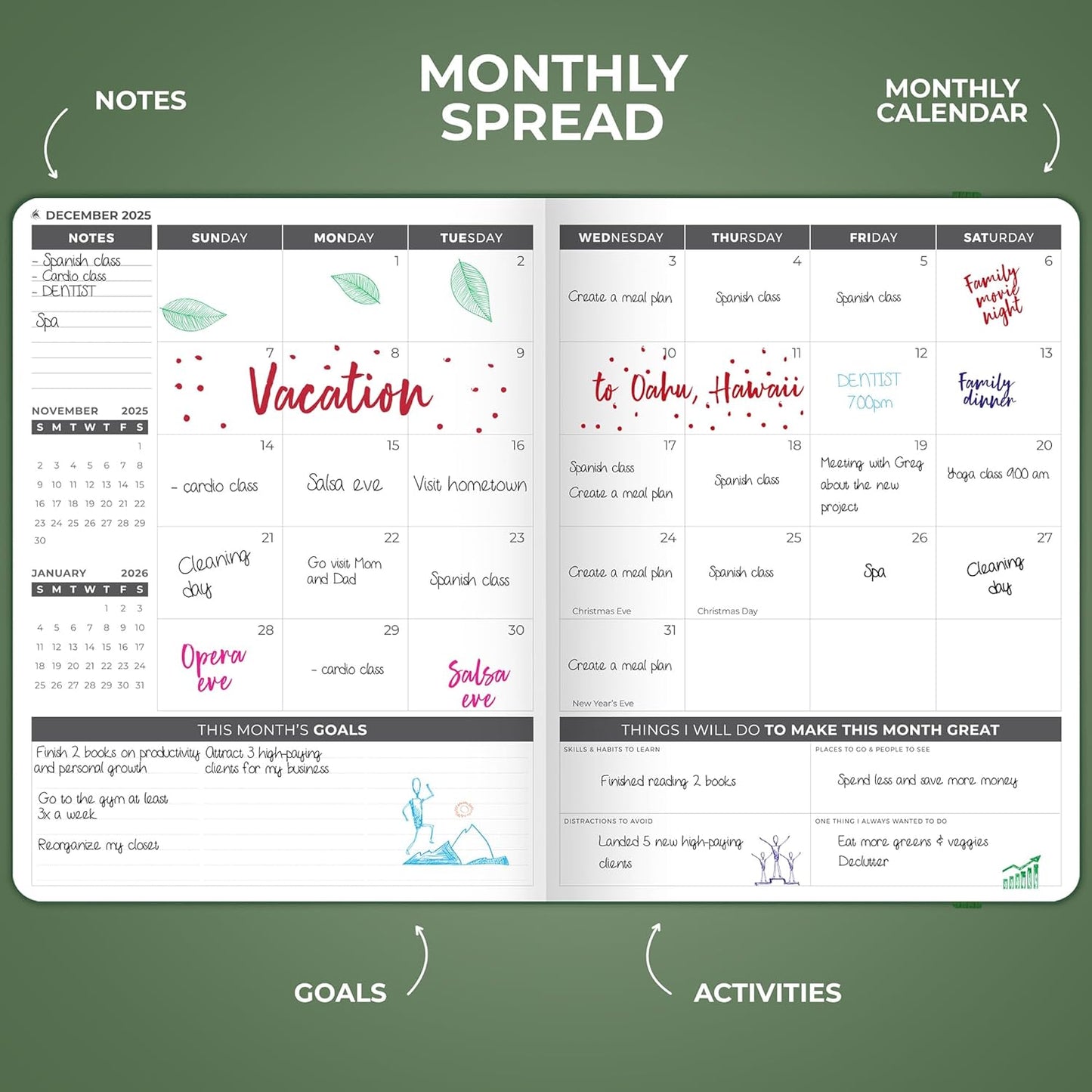 Clever Fox Planner PRO Dated (Jan 2025–Jan 2026) Weekly & Monthly Life Planner to Increase Productivity, Time Management and Hit Your Goals – Organizer, Gratitude Journal – A4 Size (Forest Green)