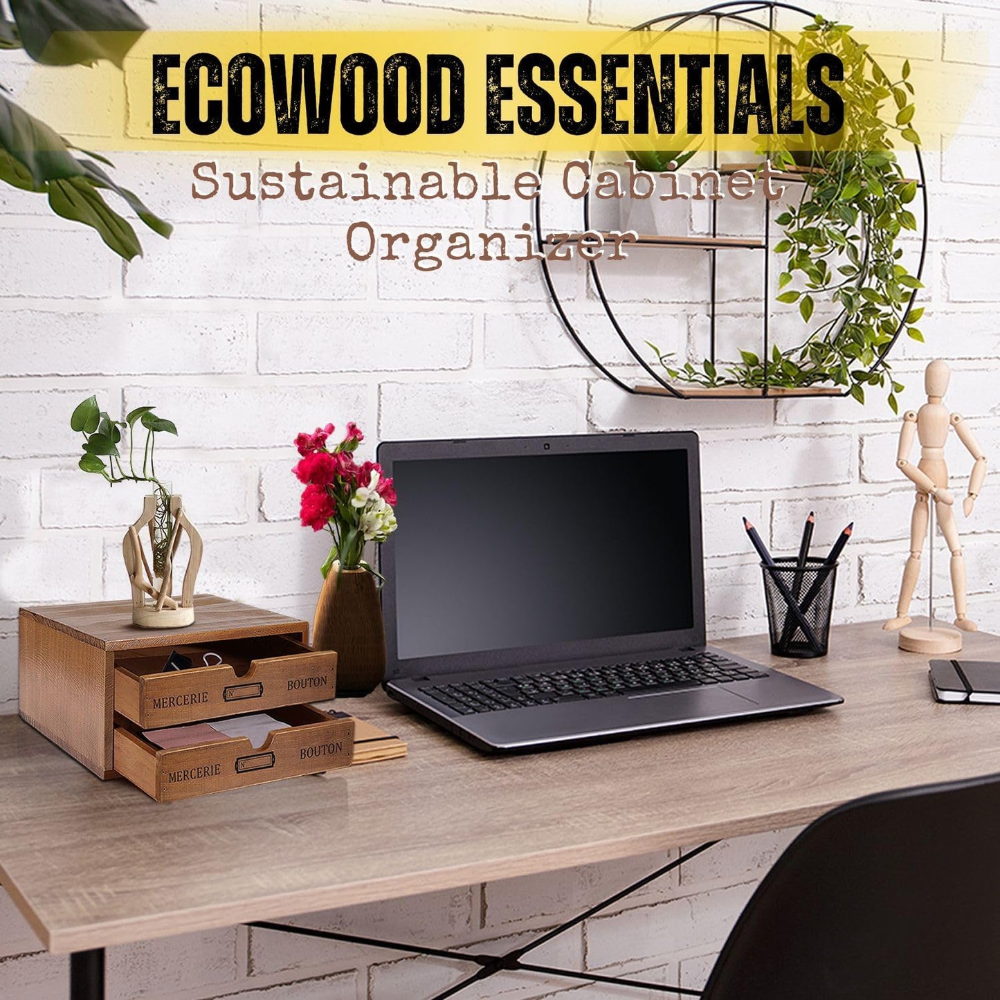 Flexzion Wooden Desktop Office Supplies Organizer with 2 Storage Drawers Set, 2-Tier Wood Tabletop Cabinet, Countertop Desk Accessories Box, for Home Workspace Counter Vanity Decor Art Craft Tool Mail