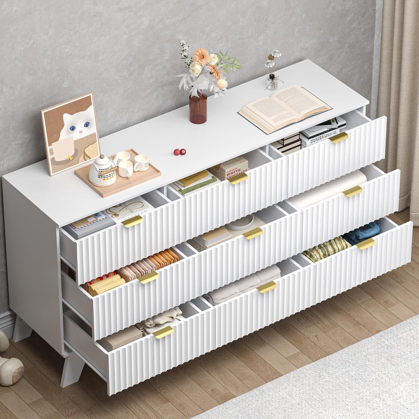 Fluted 9 Drawer Dresser, 57.1" Wide Modern Boho Chest of Drawers, Wooden Storage Dresser TV Stand for Bedroom, Living Room, Closet, Hallway, Curved Profile Design