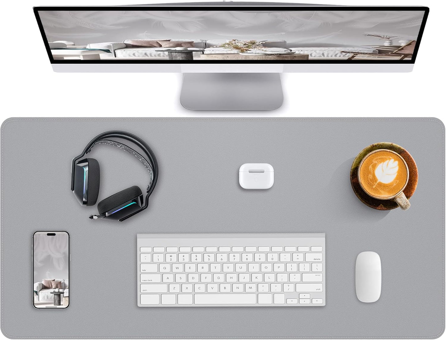 Desk Pad Mat 23.6"x13.7" - Waterproof Mouse Pad & Desk Protector, Non-Slip PU Leather for Gaming Keyboard/Mouse, Stitched Edge XL Office Desk Pad with Ergonomic Support(Light Grey)