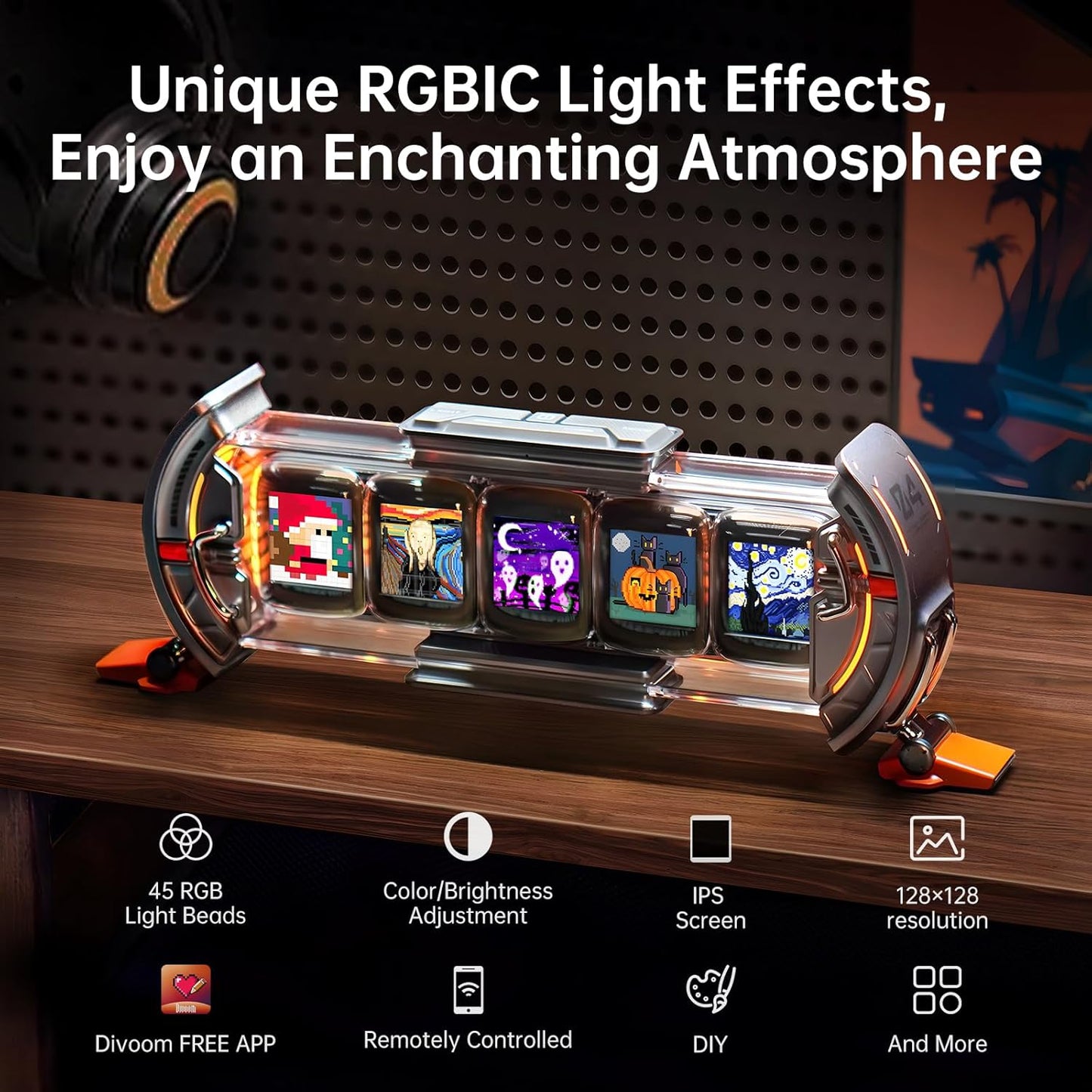 Divoom Times Gate - Cyberpunk Gaming Setup Digital Alarm Clock, Smart APP, WiFi Connect, RGB LED Display, Personalized Financial & Bitcoin Dashboard, Pixel Art for Gaming Room & Office Decor, Silver