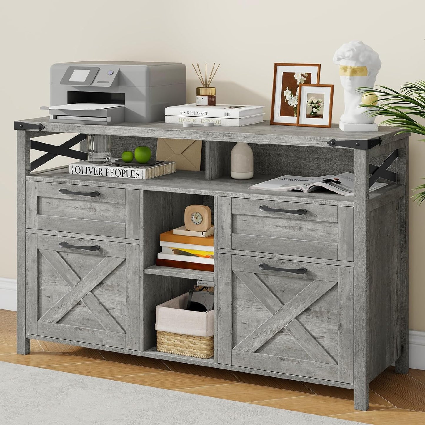 Farmhouse Filing Cabinet with Adjustable Shelf for Home Office, Lateral File Cabinets 4 Drawers with Open Storage Shelf, Filing Organization Storage Cabinets for Hanging Files Letter/A4.(Grey)