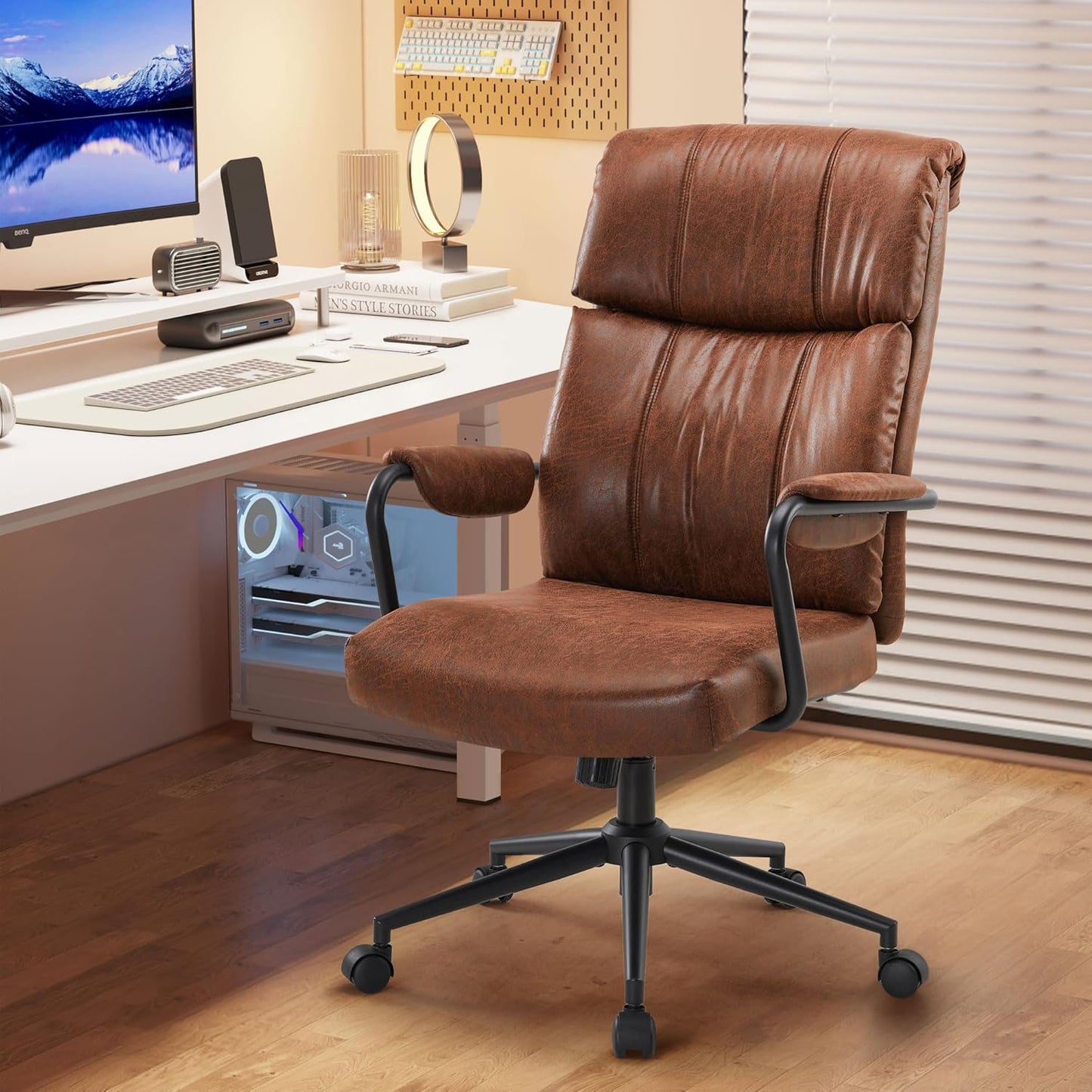 Mid Century Office Chair, Ergonomic Modern Breathable Fabric Home Desk Chair with Lumbar Support, Adjustable Height Swivel Computer Chair for Home Office (Brown)