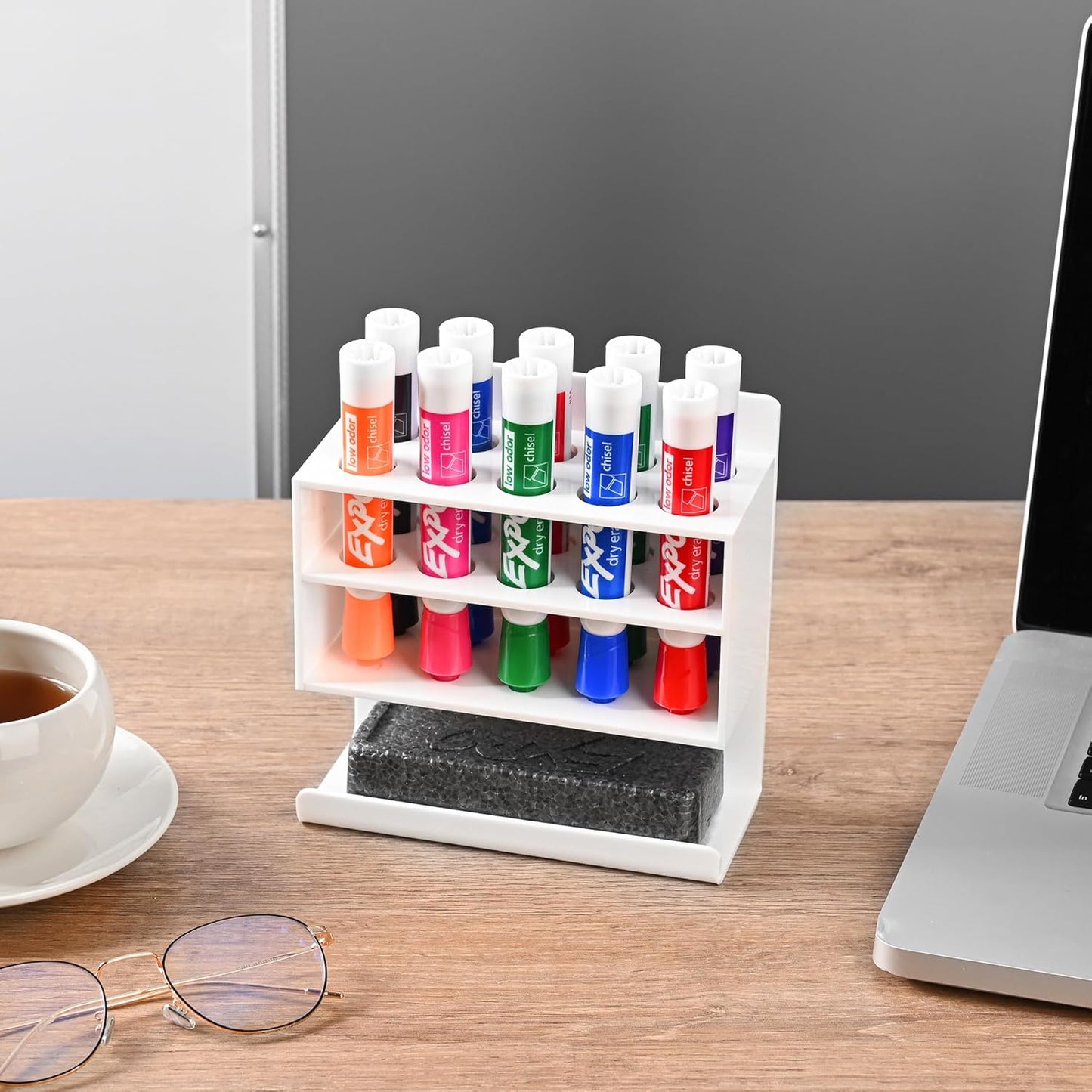 Dry Erase Marker Holder, 2 PCS Wall Mounted Acrylic Marker Holder with 10 Slots, Sticky Pen Storage for Classroom Organization, Whiteboard, Office, White