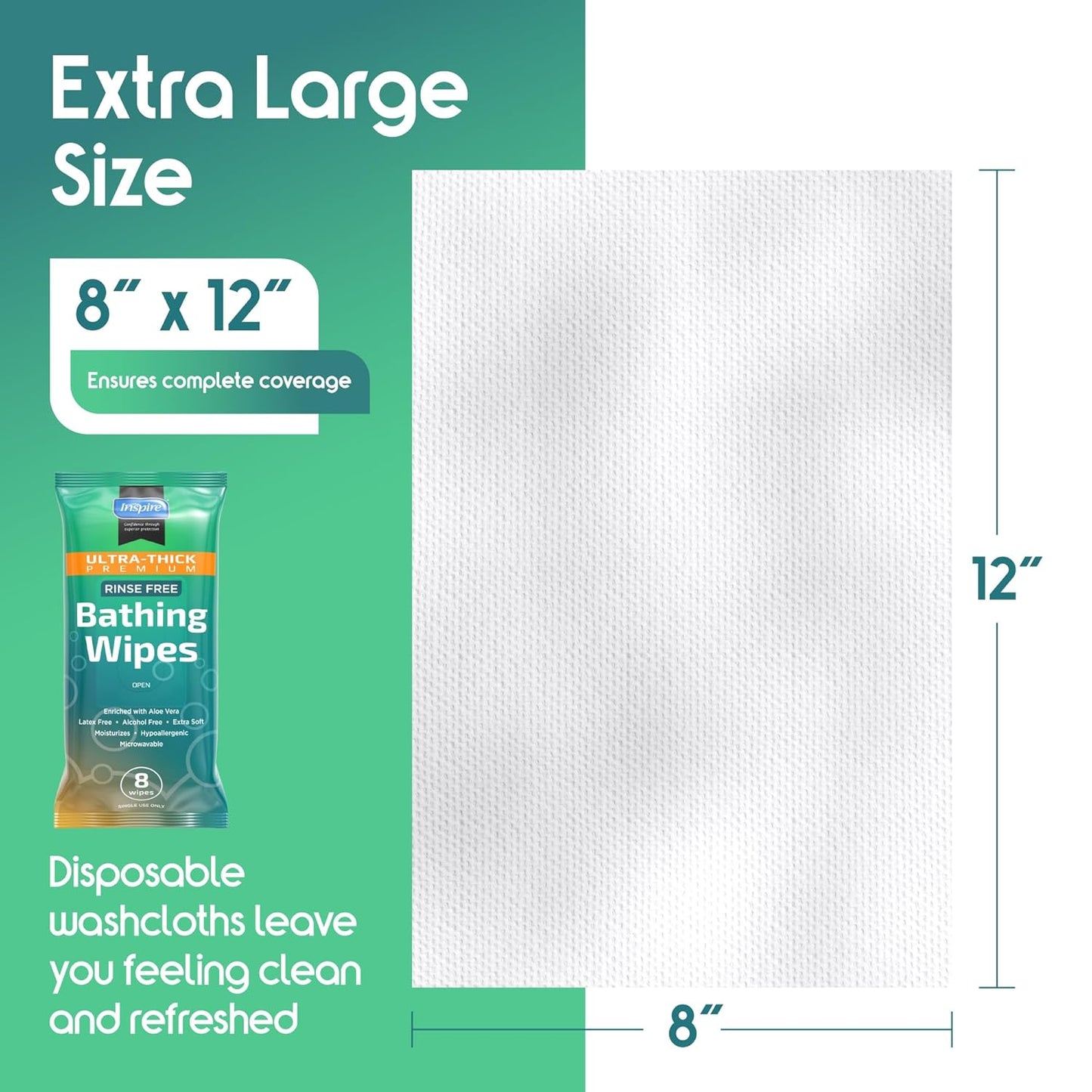 Inspire Ultra Thick Rinse-Free Bath Towels | Shower Towels - Flush-Free Wet Wipes with Aloe | Thick Strong Extra Large Towel for Adults | Body Wipes for Adults Bathing No Rinse