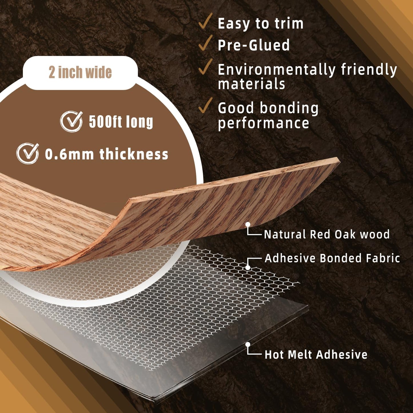 GSCIT Club Red Oak Edge Banding, 2 inch x 500ft roll of Veneer Edge Banding Preglued Flexible, Wood Tape Banding for Cabinet Repair