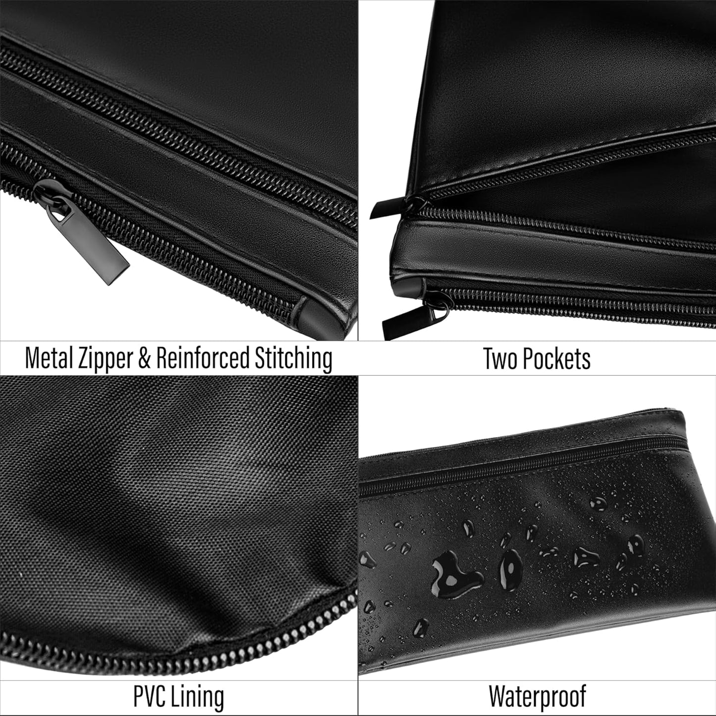 HAUTOCO Money Bag with Zipper 11x6.1 inch Money Pouch with Lined PU Leather Bank Bag Two Pockets Utility Wallet for Cash Check Receipt Coins Cosmetics