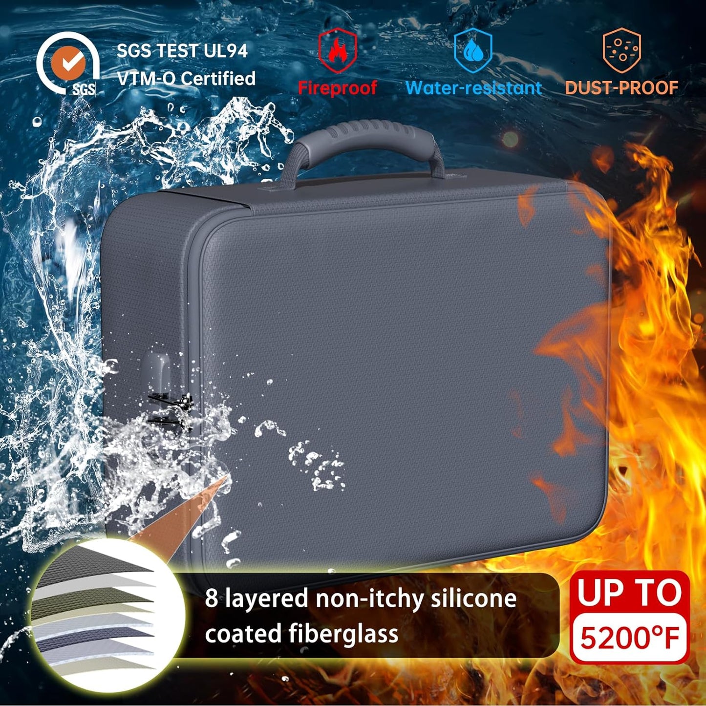 DocSafe 5200°F Document Organizer with Lock,Upgraded Heat Insulated Fireproof＆Waterproof Box 8 Layers File Organizer,Portable Home Travel Safe Storage for Important Documents, Files,Gray (Soft)
