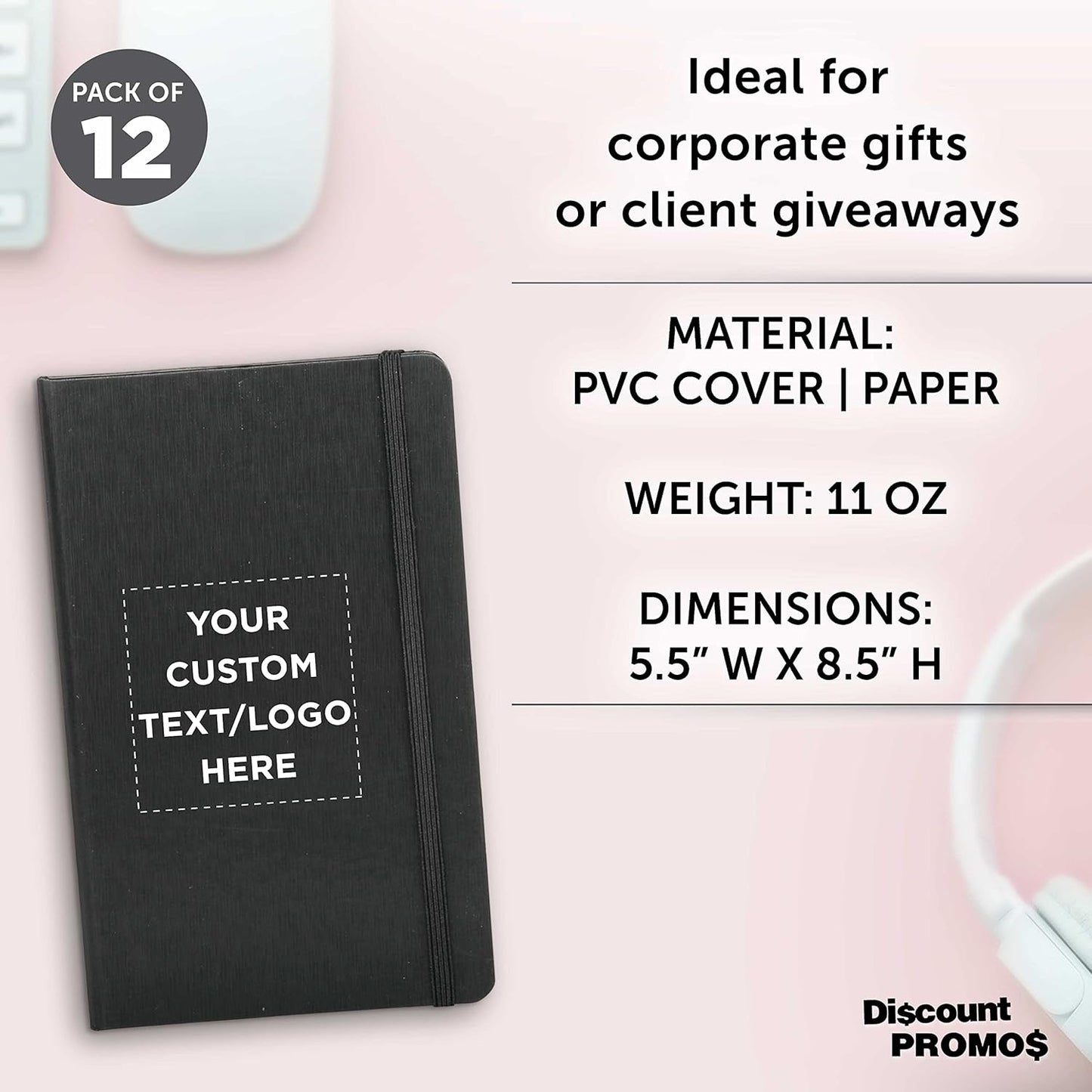 DISCOUNT PROMOS Custom Hardcover Notebook Journals with Elastic Colored Band Set of 12, Personalized Bulk Pack - Perfect for School, Office, Home - Black