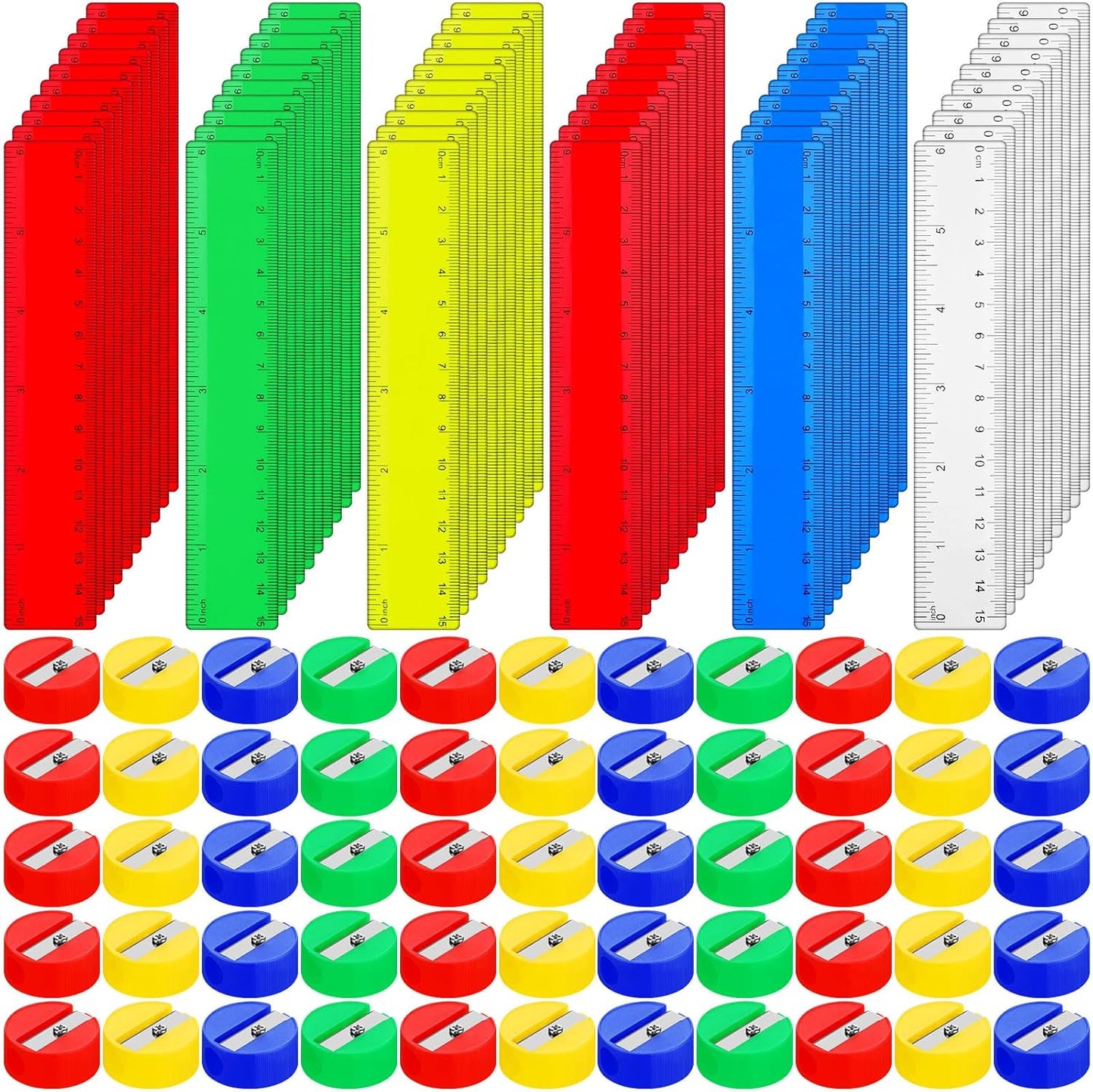 100 Pcs Plastic Rulers and 100 Pcs Mini Round Manual Pencil Sharpener Bulk, 4 Assorted Colors Pocket Sized Pencil Sharpeners Colorful Straight Ruler Back to School Supplies for Kids (Classic,6 Inch)