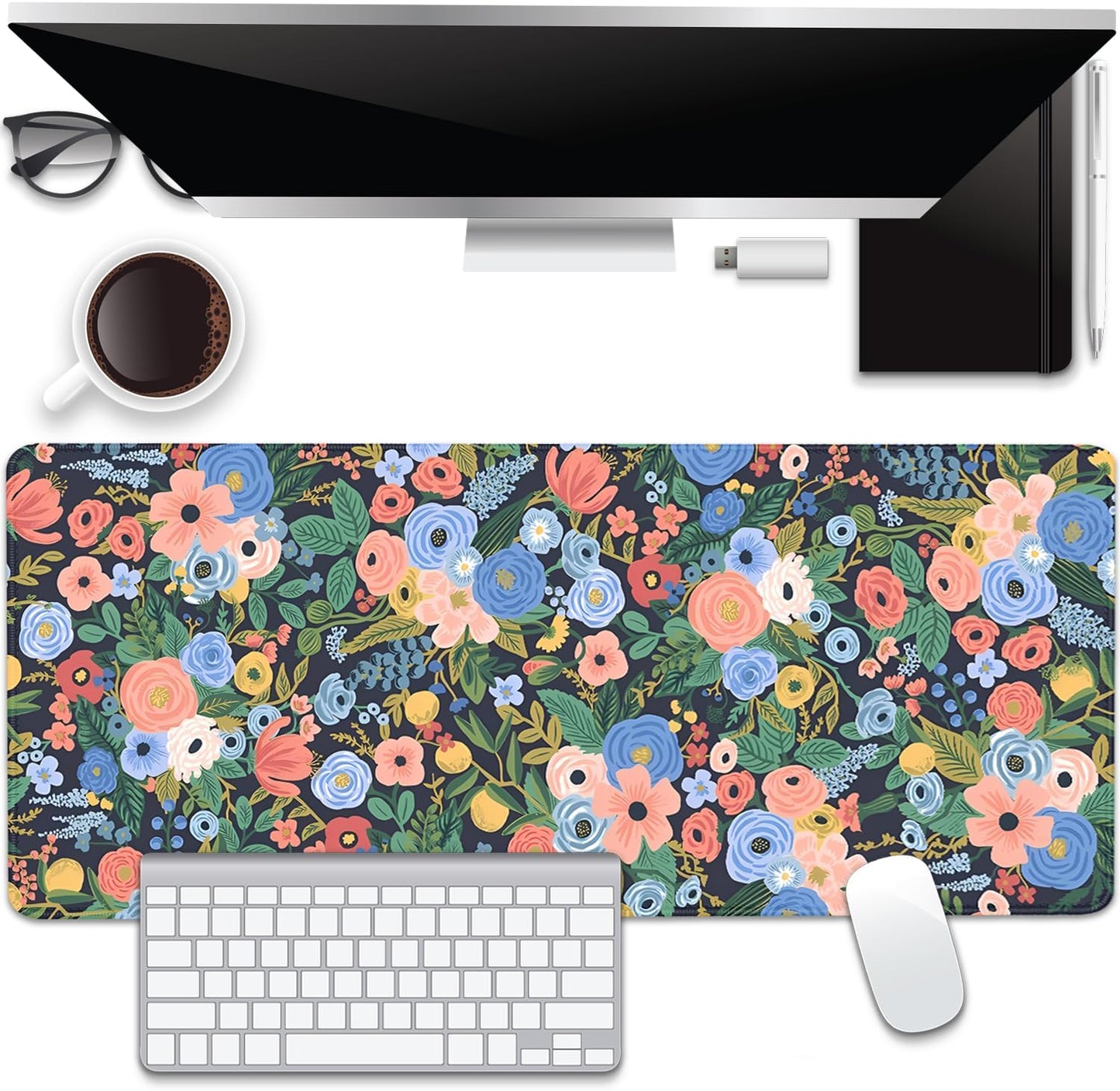 Garden Party Flowers Desk Pad Mouse Pad,Large Floral Mouse Mat with Stitched Edges,Non-Slip Rubber Base Mousepad for Office PC Keyboard Laptop and Home Work Desk Mat(27.5X11.8 in)