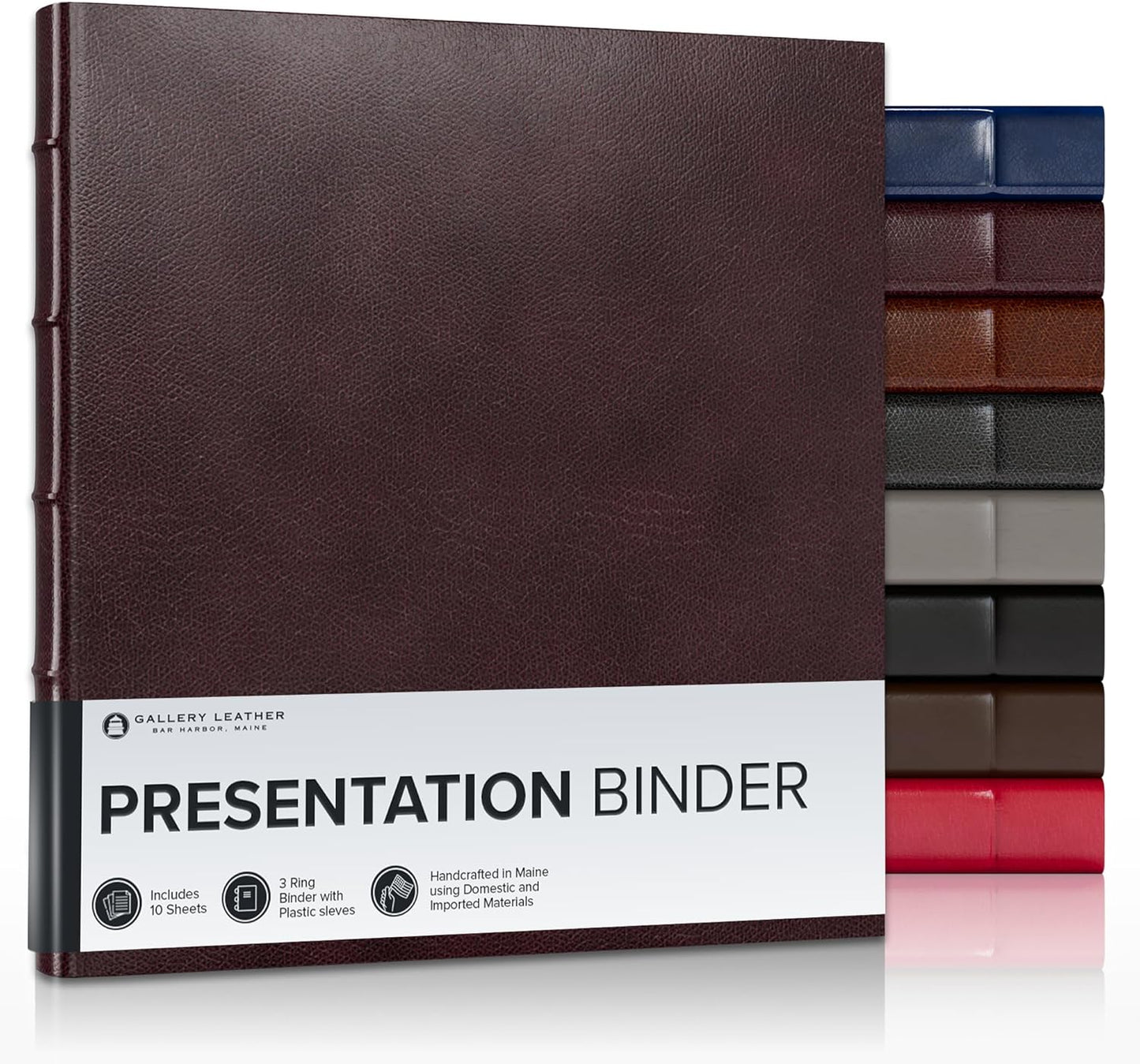 Gallery Leather 3 Ring Binder with Plastic Sleeves, Includes 10 Sheets, Sheet Size: 8.5" x 11" - Presentation Binder Rings with Hubbed Spine, Thick: 1.25" Belfast Burgundy